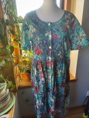 💜 La Cera 💐Patio Shirt Dress SZ Large  button down Floral Cottagecore plus size